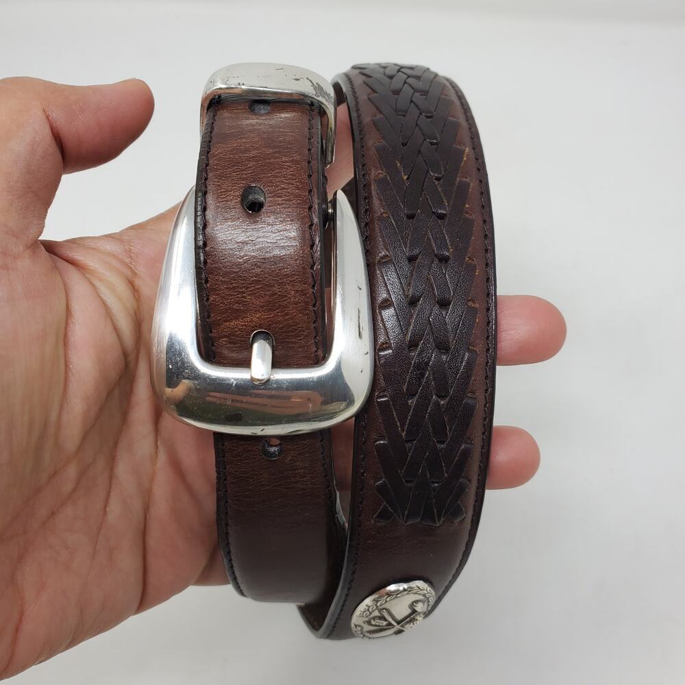 Brighton Western Tooled Leather Belt Brown Silver Sz L Western Rodeo Cowboy - Picture 2 of 7